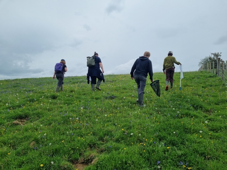 People walking up a field